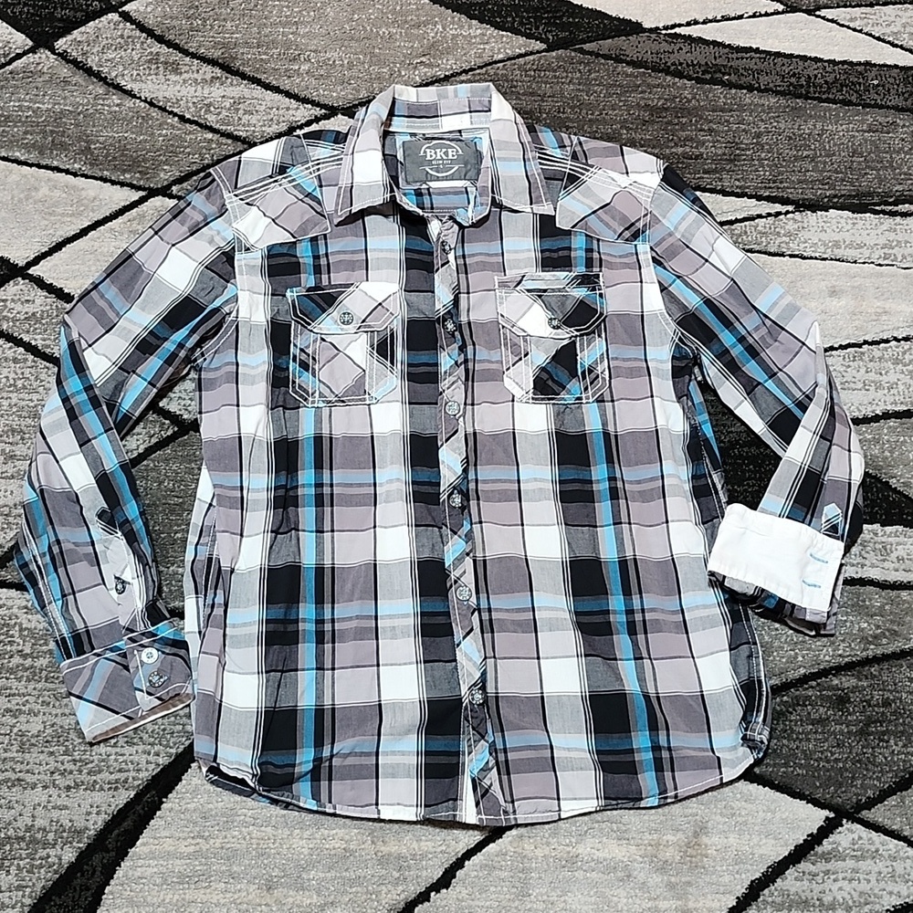 BKE SLIM-FIT PLAID BUTTON DOWN LONG-SLEEVED SHIRT LARGE